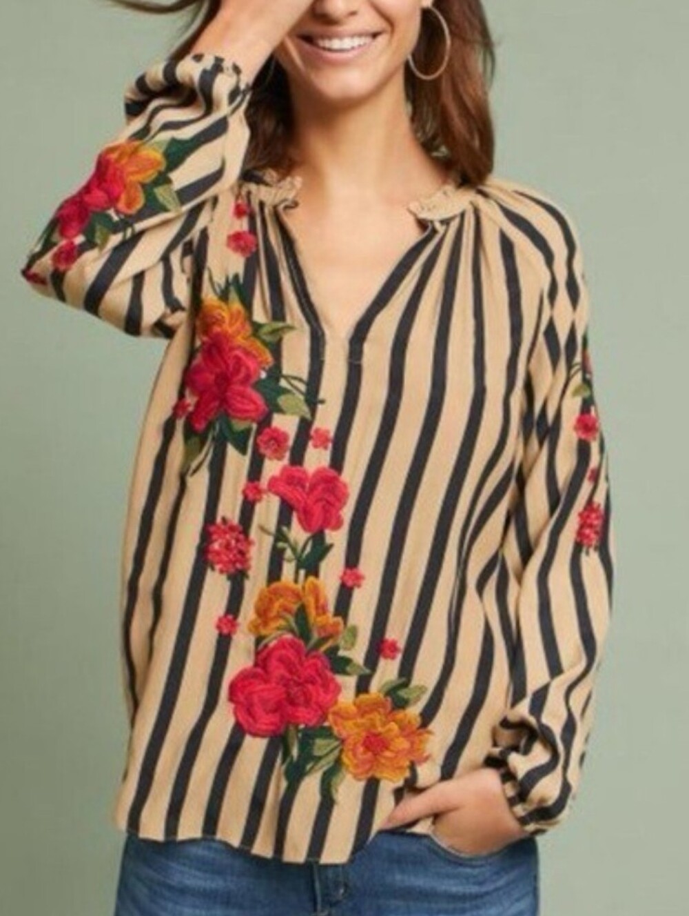 Akemi + Kin Embroidered Floral Striped Boho Blouse Small